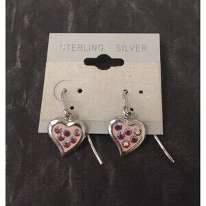 Pink Enamel and Pink Rhinestone Sterling Silver Heart Shaped Drop Earrings